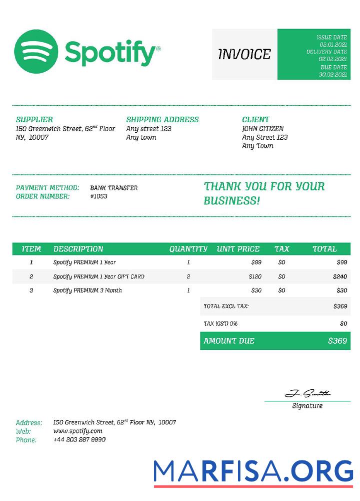 Printable USA Spotify invoice template